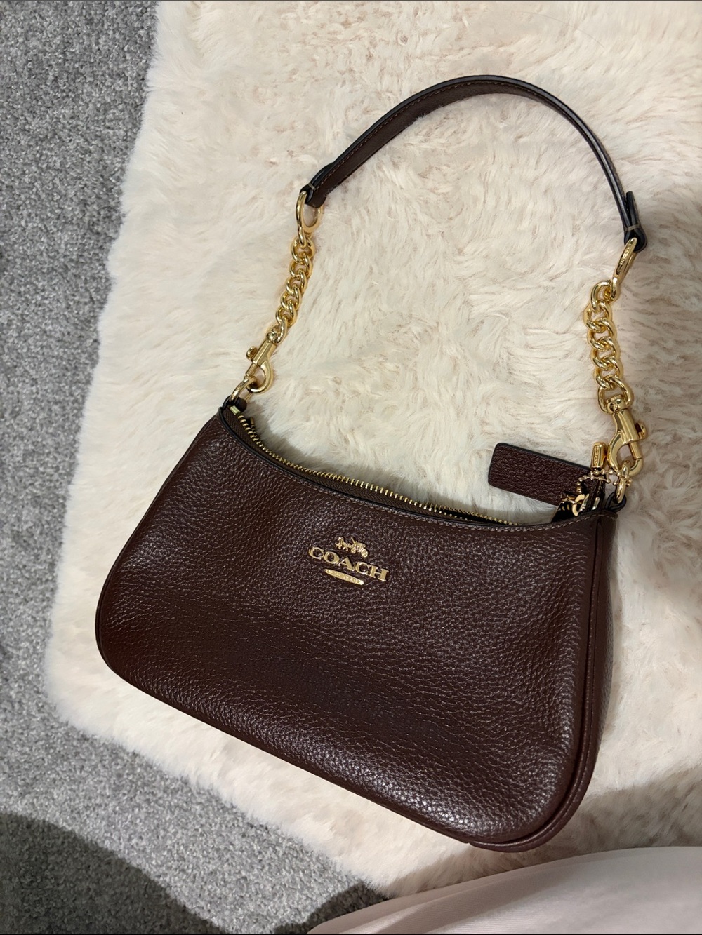 Coach Dark Brown Pebbled Leather Shoulder Bag with Gold Hardware